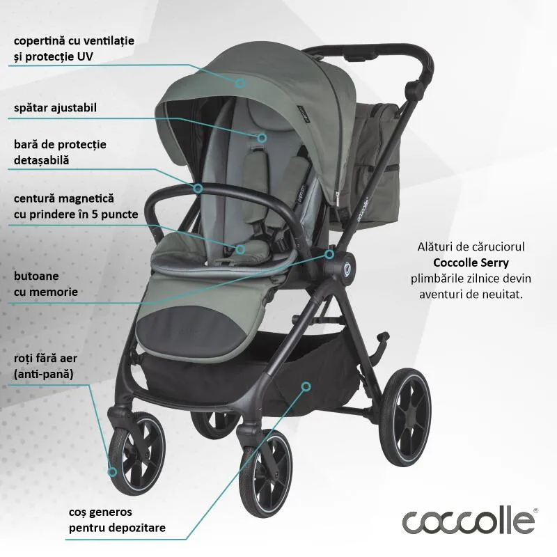 Modular 4-in-1 stroller Coccolle Serry Moss Green with i-Size infant car seat Coccolle Knox Black and i-Size Isofix base Coccolle Knox