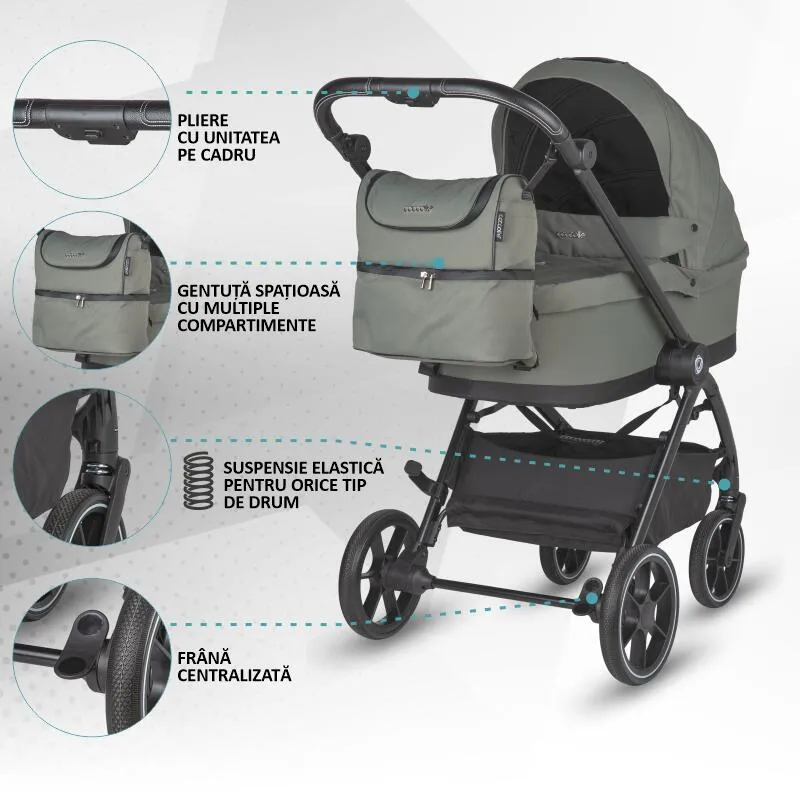 Modular 4-in-1 stroller Coccolle Serry Moss Green with i-Size infant car seat Coccolle Knox Black and i-Size Isofix base Coccolle Knox