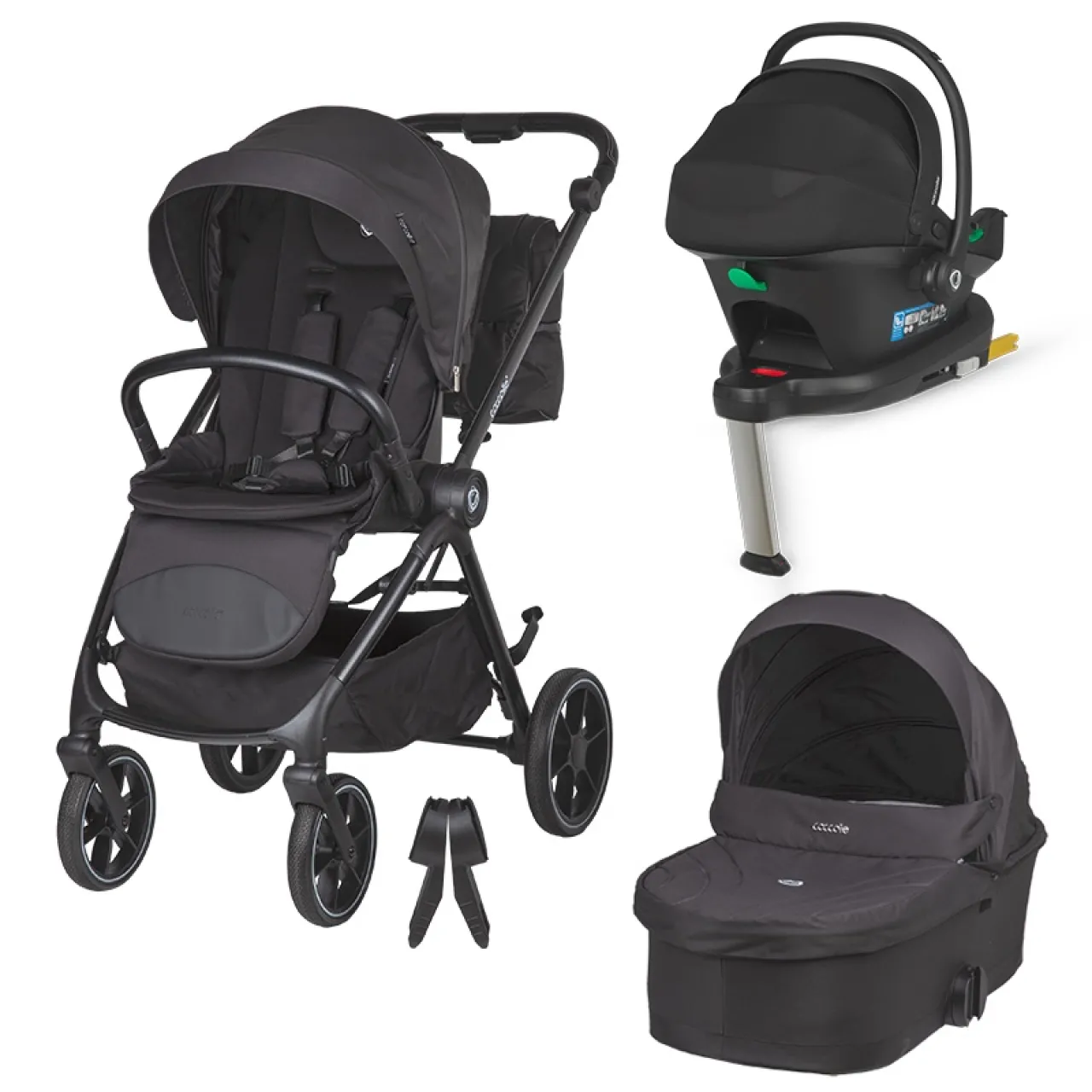 Modular 4-in-1 stroller Coccolle Serry Jet Black with i-Size infant car seat Coccolle Knox Black and i-Size Isofix base Coccolle Knox