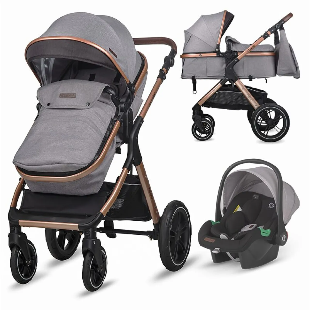 3-in-1 convertible stroller Coccolle Melora, Aluminium frame, Large wheels, Compact fold, Adjustable handle, i-Size infant car seat, Parent bag, Footmuff, Rain cover, Insect net, Moonlit Grey