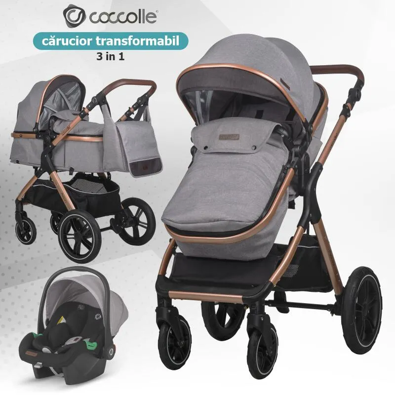 3-in-1 convertible stroller Coccolle Melora, Aluminium frame, Large wheels, Compact fold, Adjustable handle, i-Size infant car seat, Parent bag, Footmuff, Rain cover, Insect net, Moonlit Grey