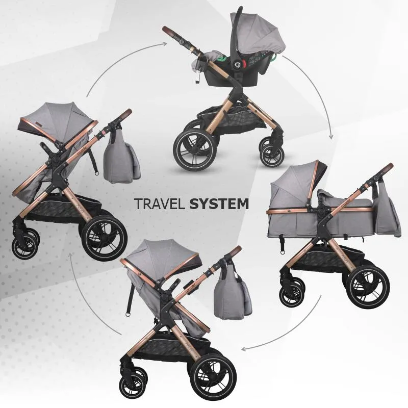 3-in-1 convertible stroller Coccolle Melora, Aluminium frame, Large wheels, Compact fold, Adjustable handle, i-Size infant car seat, Parent bag, Footmuff, Rain cover, Insect net, Moonlit Grey