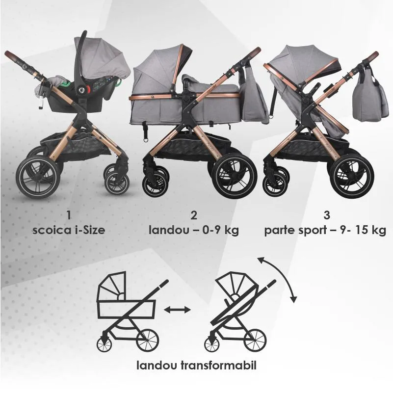 3-in-1 convertible stroller Coccolle Melora, Aluminium frame, Large wheels, Compact fold, Adjustable handle, i-Size infant car seat, Parent bag, Footmuff, Rain cover, Insect net, Moonlit Grey