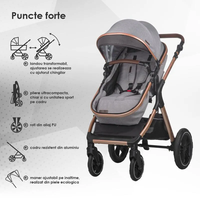 3-in-1 convertible stroller Coccolle Melora, Aluminium frame, Large wheels, Compact fold, Adjustable handle, i-Size infant car seat, Parent bag, Footmuff, Rain cover, Insect net, Moonlit Grey