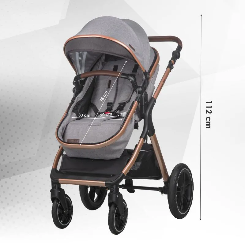 3-in-1 convertible stroller Coccolle Melora, Aluminium frame, Large wheels, Compact fold, Adjustable handle, i-Size infant car seat, Parent bag, Footmuff, Rain cover, Insect net, Moonlit Grey