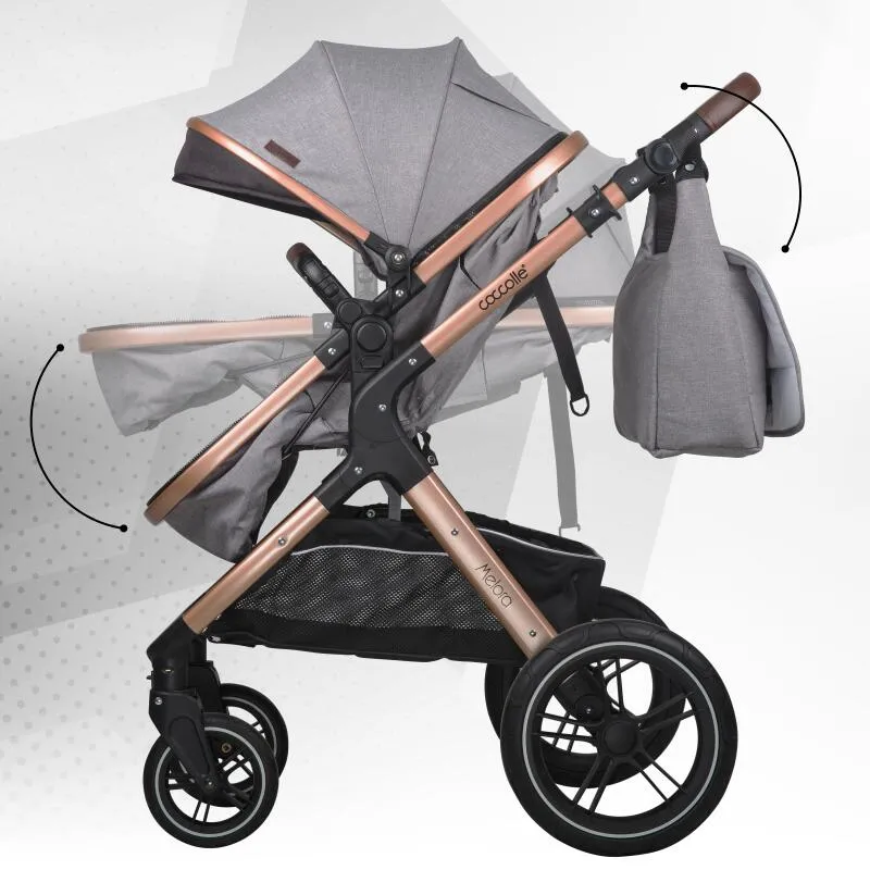 3-in-1 convertible stroller Coccolle Melora, Aluminium frame, Large wheels, Compact fold, Adjustable handle, i-Size infant car seat, Parent bag, Footmuff, Rain cover, Insect net, Moonlit Grey
