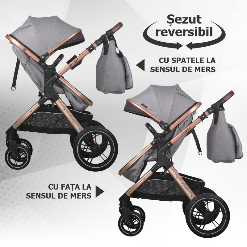 3-in-1 convertible stroller Coccolle Melora, Aluminium frame, Large wheels, Compact fold, Adjustable handle, i-Size infant car seat, Parent bag, Footmuff, Rain cover, Insect net, Moonlit Grey