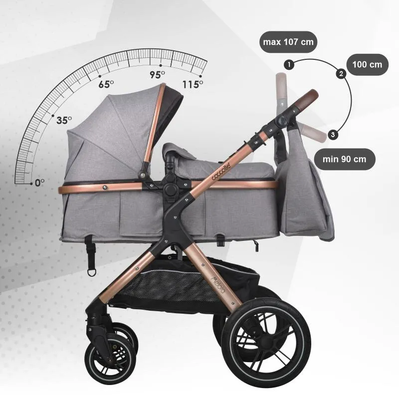3-in-1 convertible stroller Coccolle Melora, Aluminium frame, Large wheels, Compact fold, Adjustable handle, i-Size infant car seat, Parent bag, Footmuff, Rain cover, Insect net, Moonlit Grey