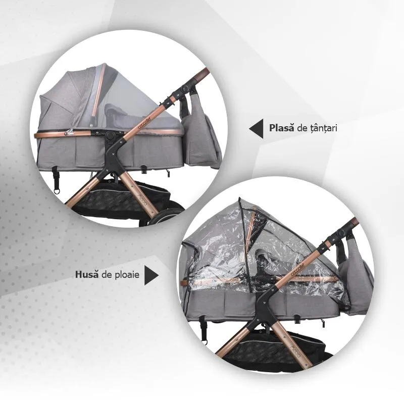 3-in-1 convertible stroller Coccolle Melora, Aluminium frame, Large wheels, Compact fold, Adjustable handle, i-Size infant car seat, Parent bag, Footmuff, Rain cover, Insect net, Moonlit Grey