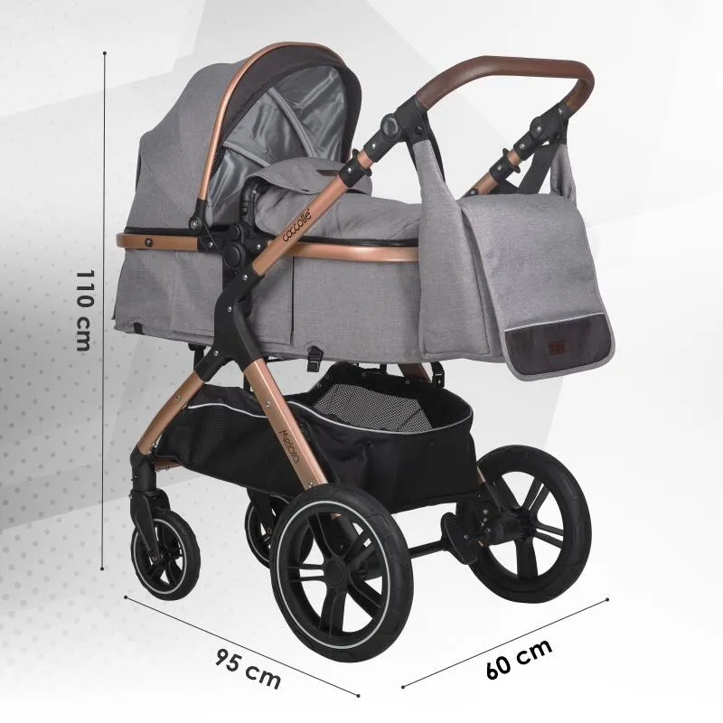 3-in-1 convertible stroller Coccolle Melora, Aluminium frame, Large wheels, Compact fold, Adjustable handle, i-Size infant car seat, Parent bag, Footmuff, Rain cover, Insect net, Moonlit Grey