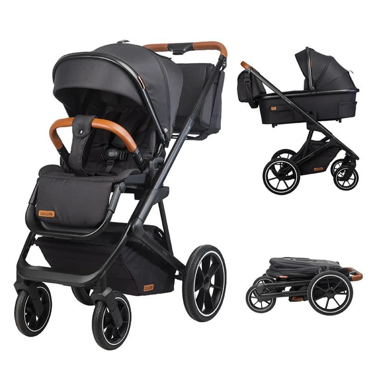 Modular 2-in-1 stroller Coccolle Nessia EN1888-2:2018 certified, Large rubber wheels with suspension, Bassinet with anti-reflux mattress, XXL canopy with UV 50+ protection, Compact fold, Diamond Black