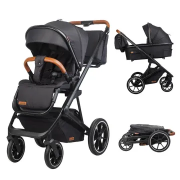 Modular 2-in-1 stroller Coccolle Nessia EN1888-2:2018 certified, Large rubber wheels with suspension, Bassinet with anti-reflux mattress, XXL canopy with UV 50+ protection, Compact fold, Diamond Black