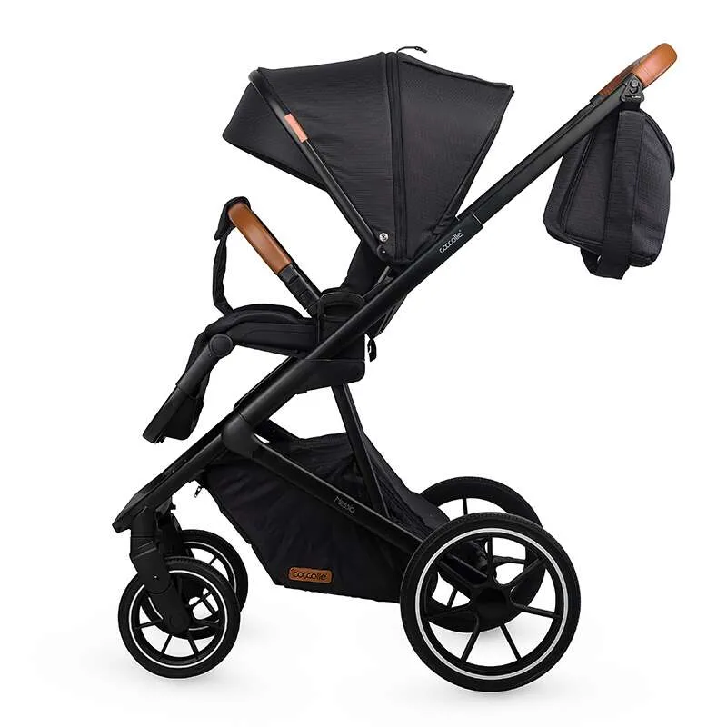 Modular 2-in-1 stroller Coccolle Nessia EN1888-2:2018 certified, Large rubber wheels with suspension, Bassinet with anti-reflux mattress, XXL canopy with UV 50+ protection, Compact fold, Diamond Black