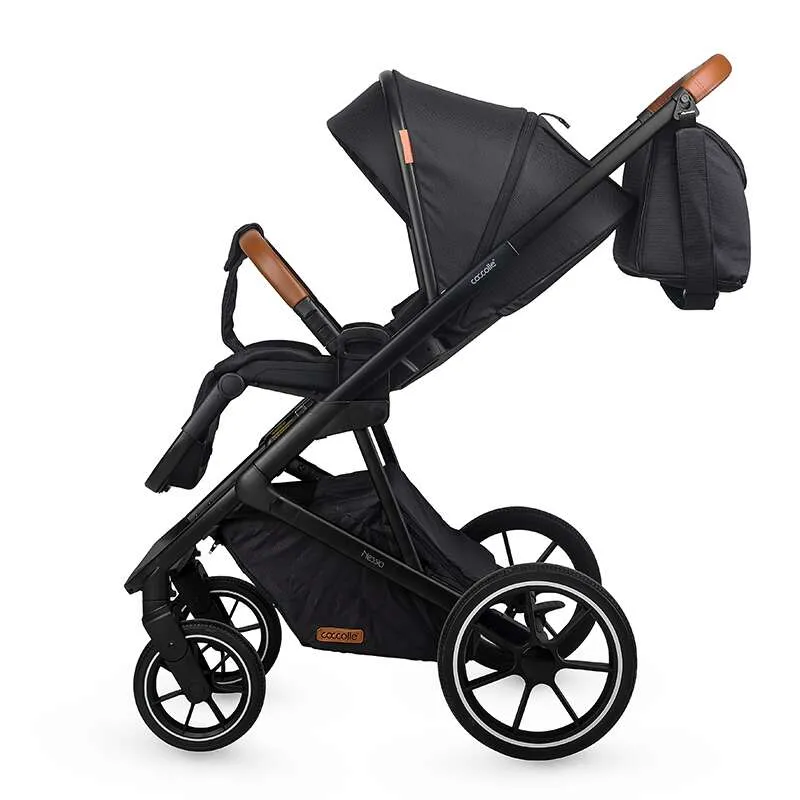 Modular 2-in-1 stroller Coccolle Nessia EN1888-2:2018 certified, Large rubber wheels with suspension, Bassinet with anti-reflux mattress, XXL canopy with UV 50+ protection, Compact fold, Diamond Black