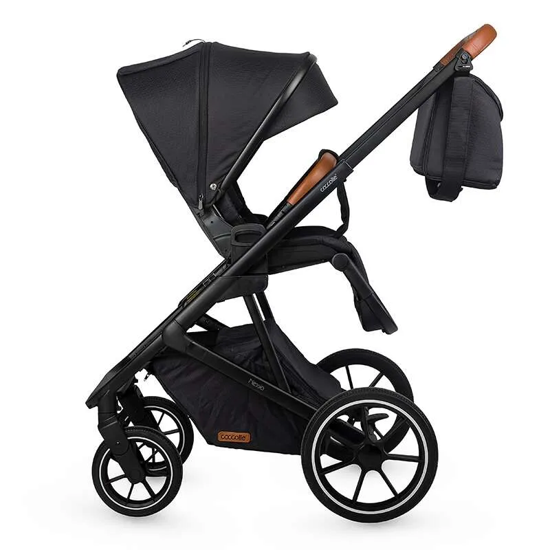 Modular 2-in-1 stroller Coccolle Nessia EN1888-2:2018 certified, Large rubber wheels with suspension, Bassinet with anti-reflux mattress, XXL canopy with UV 50+ protection, Compact fold, Diamond Black