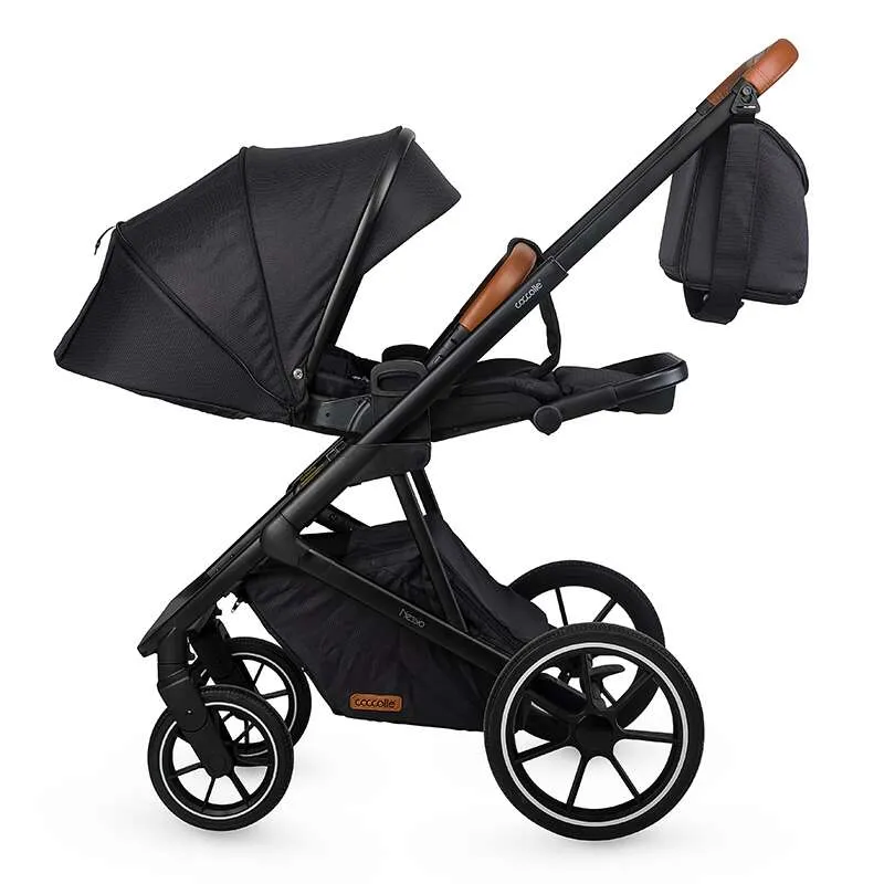 Modular 2-in-1 stroller Coccolle Nessia EN1888-2:2018 certified, Large rubber wheels with suspension, Bassinet with anti-reflux mattress, XXL canopy with UV 50+ protection, Compact fold, Diamond Black