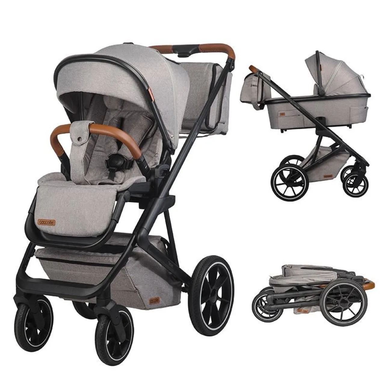 Modular 2-in-1 stroller Coccolle Nessia EN1888-2:2018 certified, Large rubber wheels with suspension, Bassinet with anti-reflux mattress, XXL canopy with UV 50+ protection, Compact fold, Lunar Rock