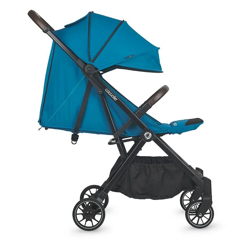Autofold sport stroller Coccolle Melia, Aluminium frame anodized, XXL canopy with UV 50+ protection, High ground clearance, pozitie verticala dupa pliere, certified up to 22 kg, Deep Turquoise