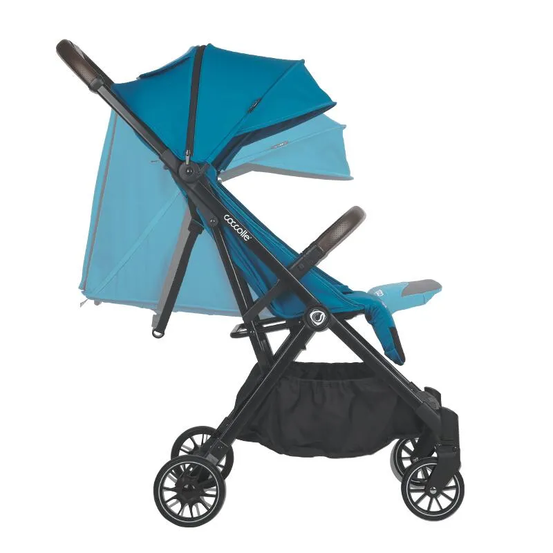 Autofold sport stroller Coccolle Melia, Aluminium frame anodized, XXL canopy with UV 50+ protection, High ground clearance, pozitie verticala dupa pliere, certified up to 22 kg, Deep Turquoise