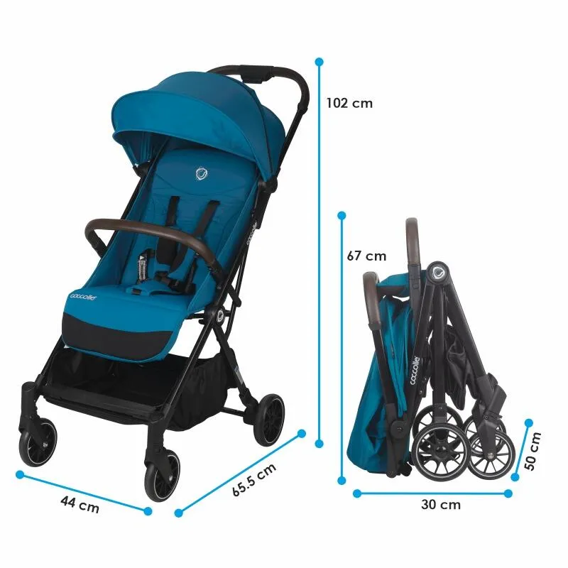 Autofold sport stroller Coccolle Melia, Aluminium frame anodized, XXL canopy with UV 50+ protection, High ground clearance, pozitie verticala dupa pliere, certified up to 22 kg, Deep Turquoise