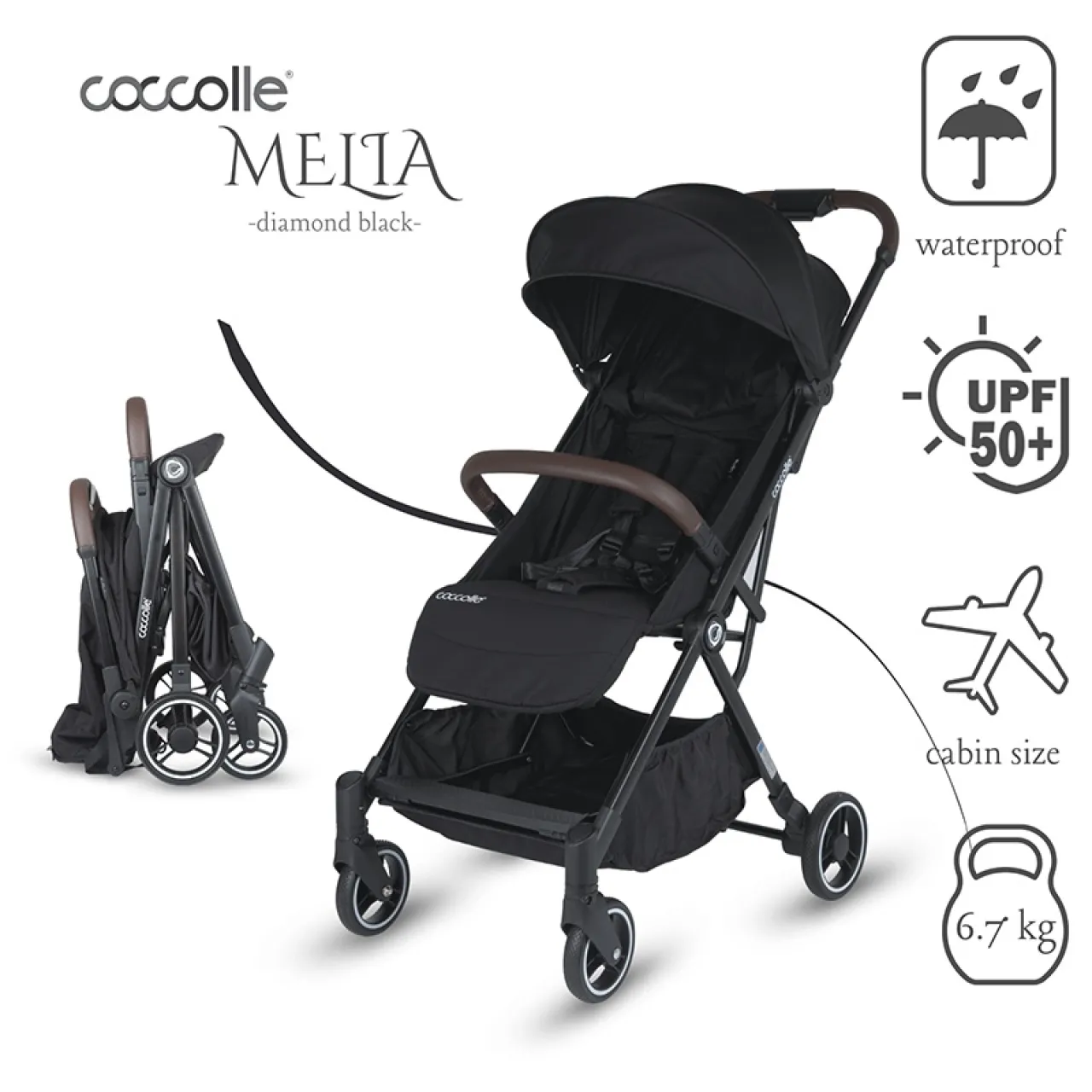 Autofold sport stroller Coccolle Melia, Aluminium frame anodized, XXL canopy with UV 50+ protection, High ground clearance, pozitie verticala dupa pliere, certified up to 22 kg, Diamond Black