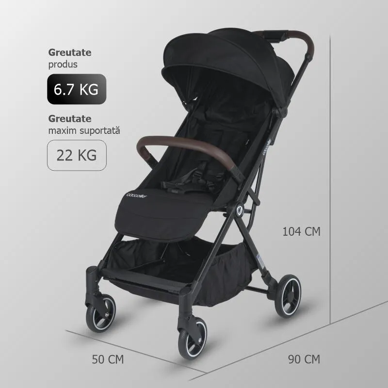 Autofold sport stroller Coccolle Melia, Aluminium frame anodized, XXL canopy with UV 50+ protection, High ground clearance, pozitie verticala dupa pliere, certified up to 22 kg, Diamond Black