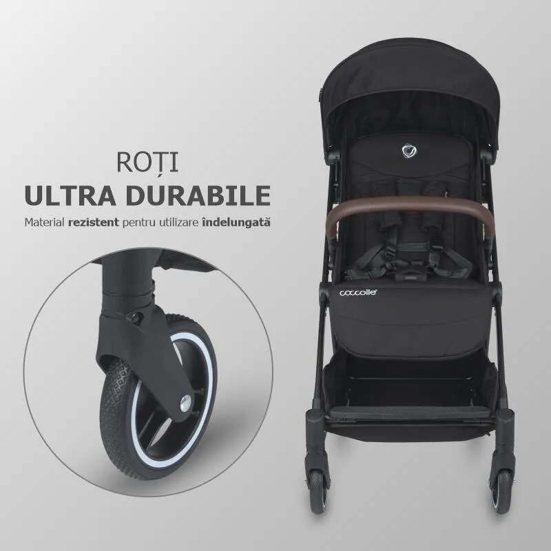 Autofold sport stroller Coccolle Melia, Aluminium frame anodized, XXL canopy with UV 50+ protection, High ground clearance, pozitie verticala dupa pliere, certified up to 22 kg, Diamond Black