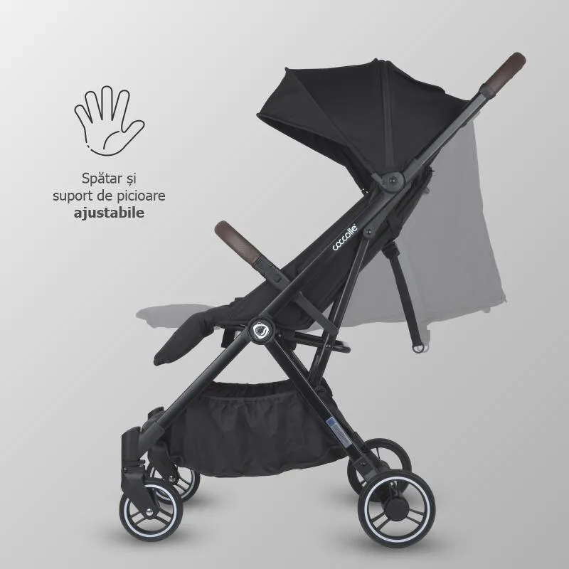 Autofold sport stroller Coccolle Melia, Aluminium frame anodized, XXL canopy with UV 50+ protection, High ground clearance, pozitie verticala dupa pliere, certified up to 22 kg, Diamond Black
