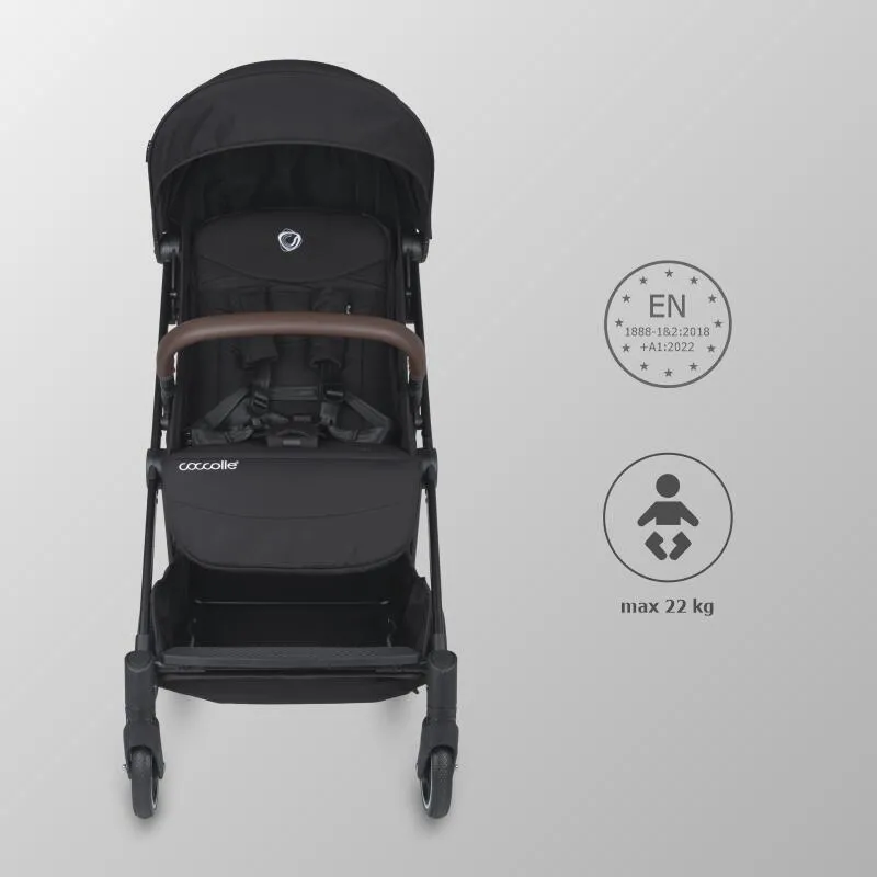 Autofold sport stroller Coccolle Melia, Aluminium frame anodized, XXL canopy with UV 50+ protection, High ground clearance, pozitie verticala dupa pliere, certified up to 22 kg, Diamond Black