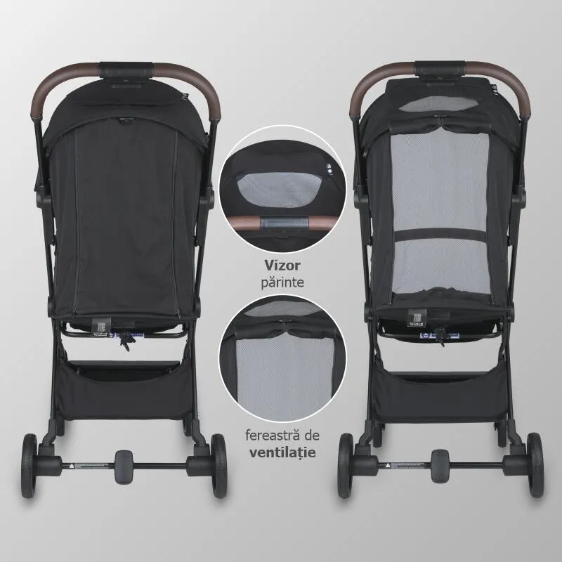 Autofold sport stroller Coccolle Melia, Aluminium frame anodized, XXL canopy with UV 50+ protection, High ground clearance, pozitie verticala dupa pliere, certified up to 22 kg, Diamond Black