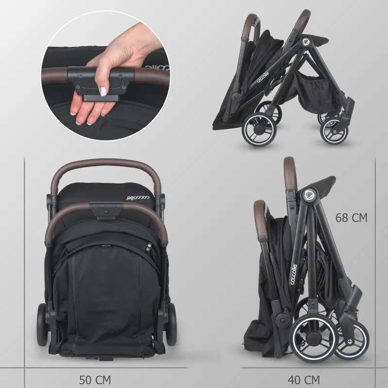 Autofold sport stroller Coccolle Melia, Aluminium frame anodized, XXL canopy with UV 50+ protection, High ground clearance, pozitie verticala dupa pliere, certified up to 22 kg, Diamond Black