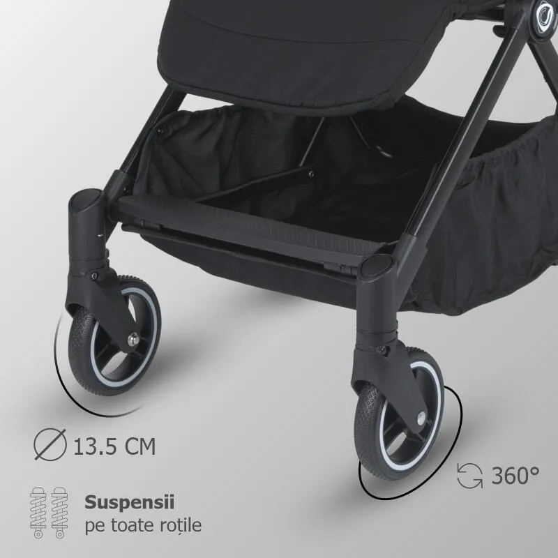 Autofold sport stroller Coccolle Melia, Aluminium frame anodized, XXL canopy with UV 50+ protection, High ground clearance, pozitie verticala dupa pliere, certified up to 22 kg, Diamond Black