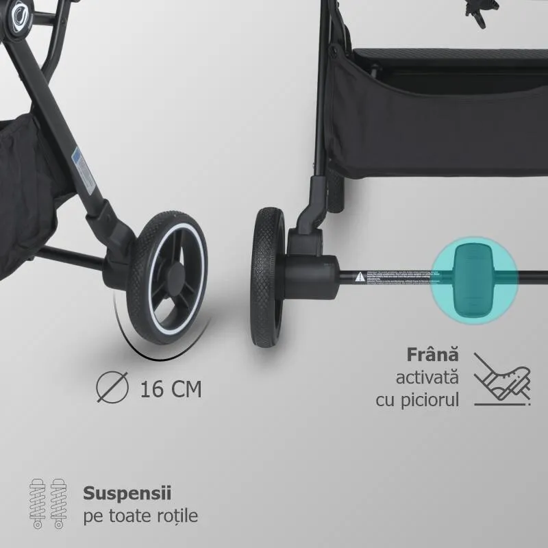 Autofold sport stroller Coccolle Melia, Aluminium frame anodized, XXL canopy with UV 50+ protection, High ground clearance, pozitie verticala dupa pliere, certified up to 22 kg, Diamond Black