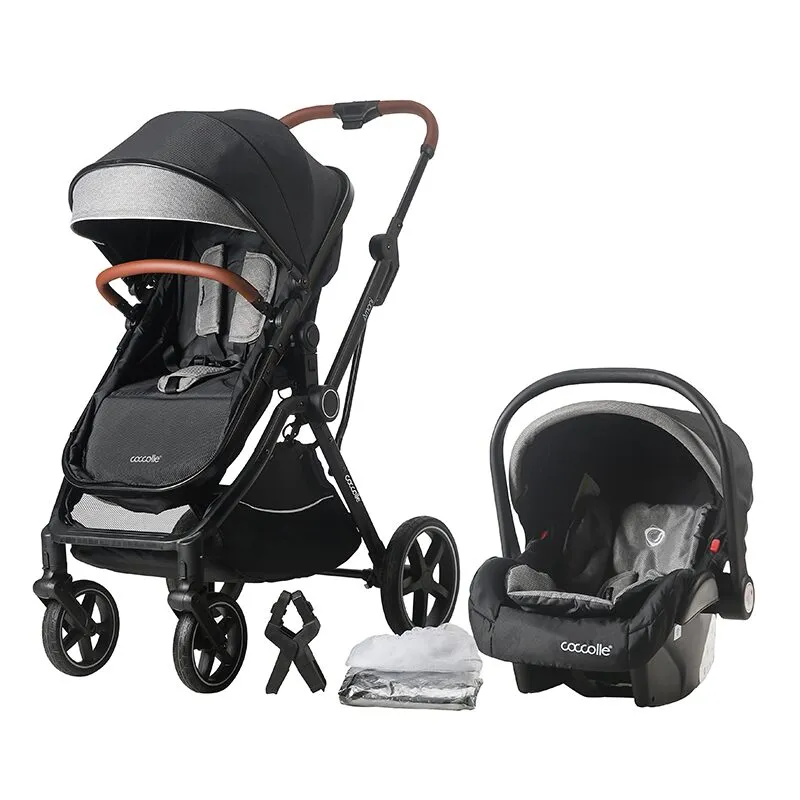 3-in-1 convertible stroller Coccolle Amani iSize, Aluminium frame, Large wheels solid rubber, Suspension, Footmuff, Rain cover, Insect net, XXL canopy, Compact fold, Diamond Black