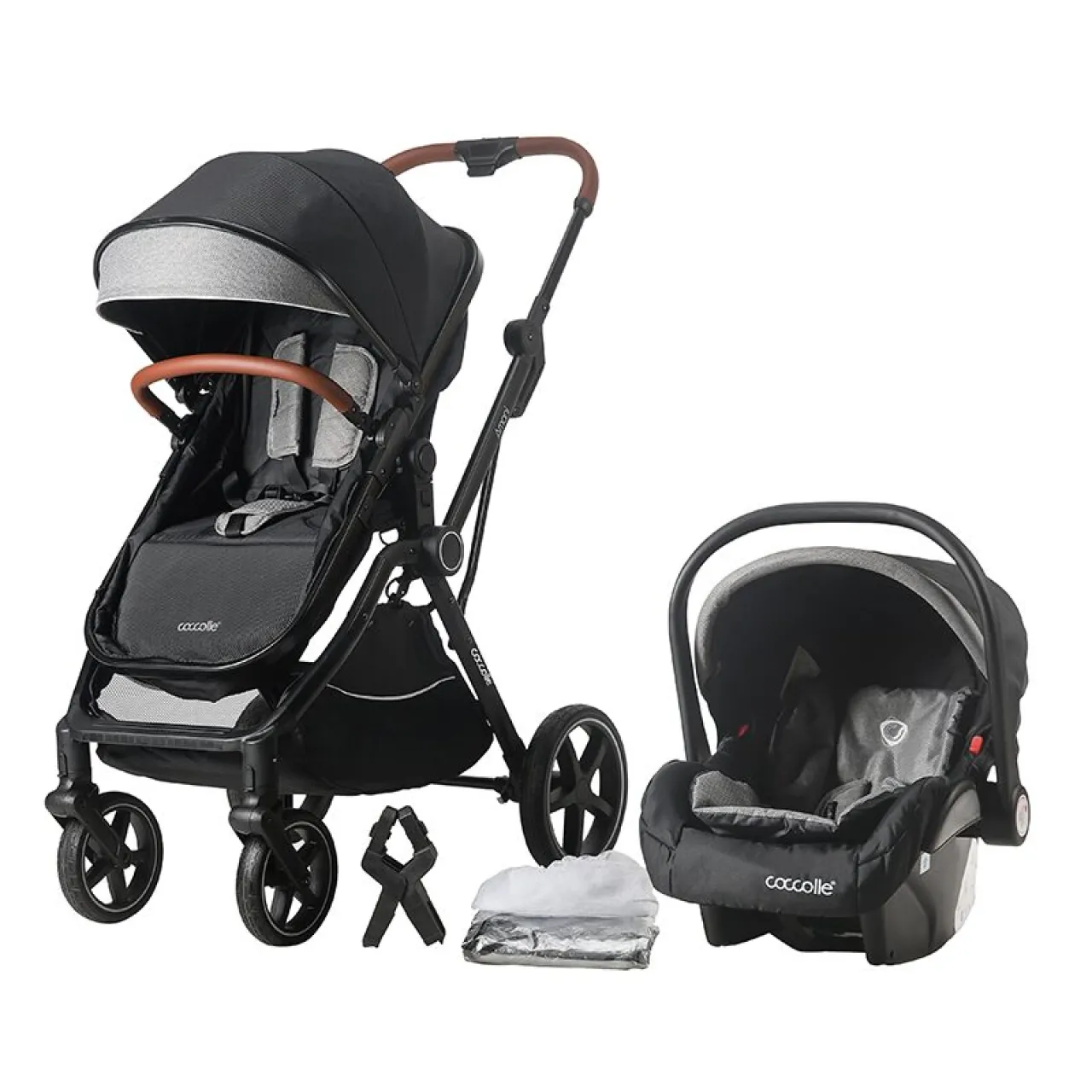 3-in-1 convertible stroller Coccolle Amani iSize, Aluminium frame, Large wheels solid rubber, Suspension, Footmuff, Rain cover, Insect net, XXL canopy, Compact fold, Diamond Black