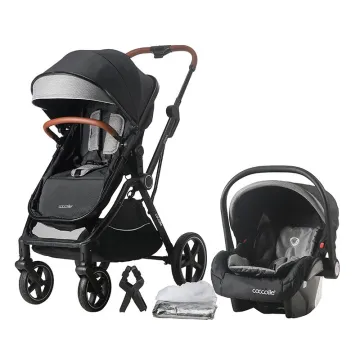 3-in-1 convertible stroller Coccolle Amani iSize, Aluminium frame, Large wheels solid rubber, Suspension, Footmuff, Rain cover, Insect net, XXL canopy, Compact fold, Diamond Black