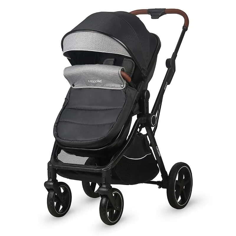 3-in-1 convertible stroller Coccolle Amani iSize, Aluminium frame, Large wheels solid rubber, Suspension, Footmuff, Rain cover, Insect net, XXL canopy, Compact fold, Diamond Black