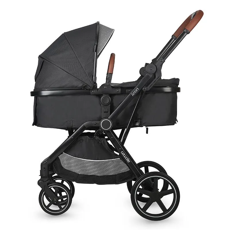 3-in-1 convertible stroller Coccolle Amani iSize, Aluminium frame, Large wheels solid rubber, Suspension, Footmuff, Rain cover, Insect net, XXL canopy, Compact fold, Diamond Black