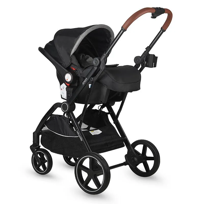 3-in-1 convertible stroller Coccolle Amani iSize, Aluminium frame, Large wheels solid rubber, Suspension, Footmuff, Rain cover, Insect net, XXL canopy, Compact fold, Diamond Black