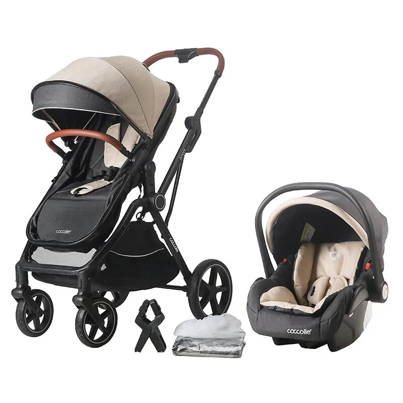 3-in-1 convertible stroller Coccolle Amani iSize, Aluminium frame, Large wheels solid rubber, Suspension, Footmuff, Rain cover, Insect net, XXL canopy, Compact fold, Sand Beige