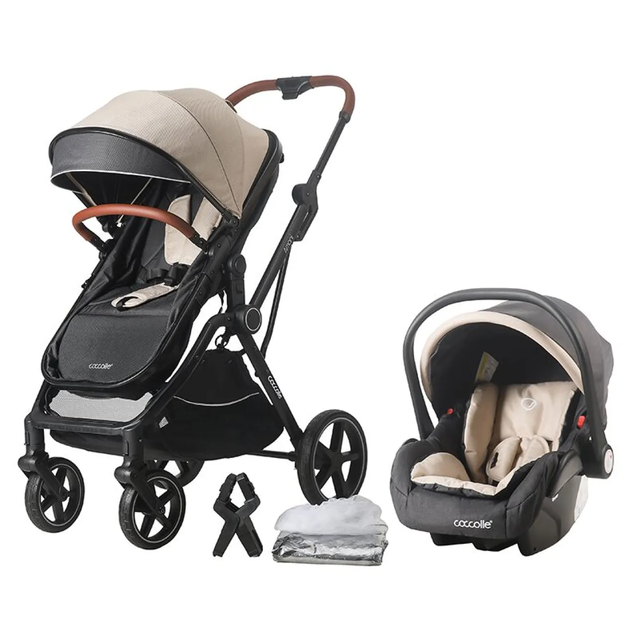 3-in-1 convertible stroller Coccolle Amani iSize, Aluminium frame, Large wheels solid rubber, Suspension, Footmuff, Rain cover, Insect net, XXL canopy, Compact fold, Sand Beige
