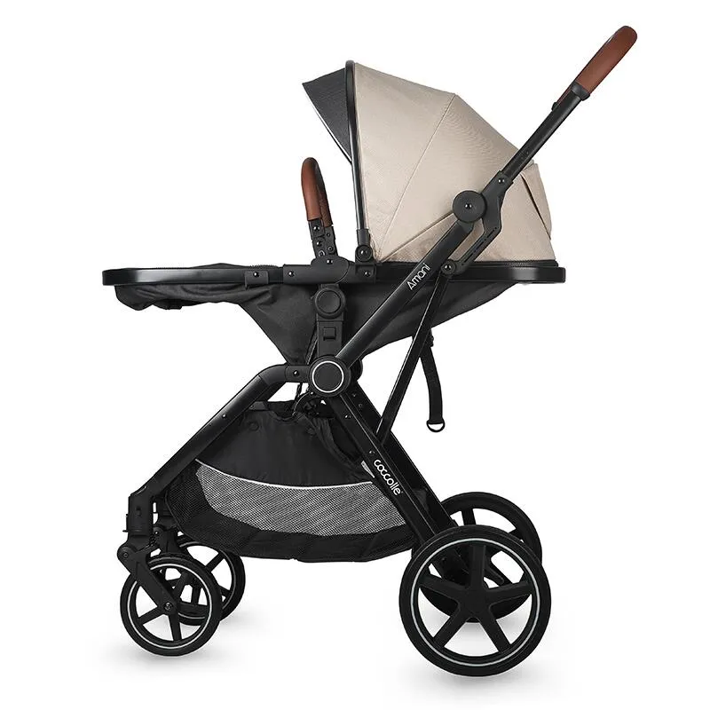 3-in-1 convertible stroller Coccolle Amani iSize, Aluminium frame, Large wheels solid rubber, Suspension, Footmuff, Rain cover, Insect net, XXL canopy, Compact fold, Sand Beige
