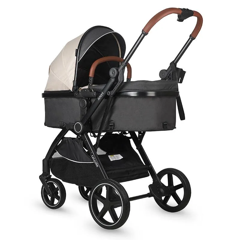3-in-1 convertible stroller Coccolle Amani iSize, Aluminium frame, Large wheels solid rubber, Suspension, Footmuff, Rain cover, Insect net, XXL canopy, Compact fold, Sand Beige