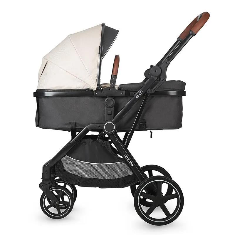 3-in-1 convertible stroller Coccolle Amani iSize, Aluminium frame, Large wheels solid rubber, Suspension, Footmuff, Rain cover, Insect net, XXL canopy, Compact fold, Sand Beige