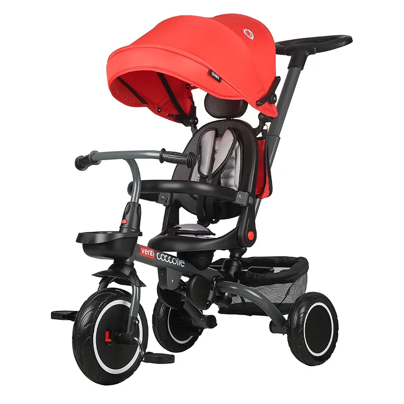 Foldable multifunction tricycle Coccolle Venti, Rubber wheels, Adjustable handle, Rotating seat, Pozitie de somn, safety harness, Footrests, 2 Storage baskets, 1-5 years, Chili Pepper
