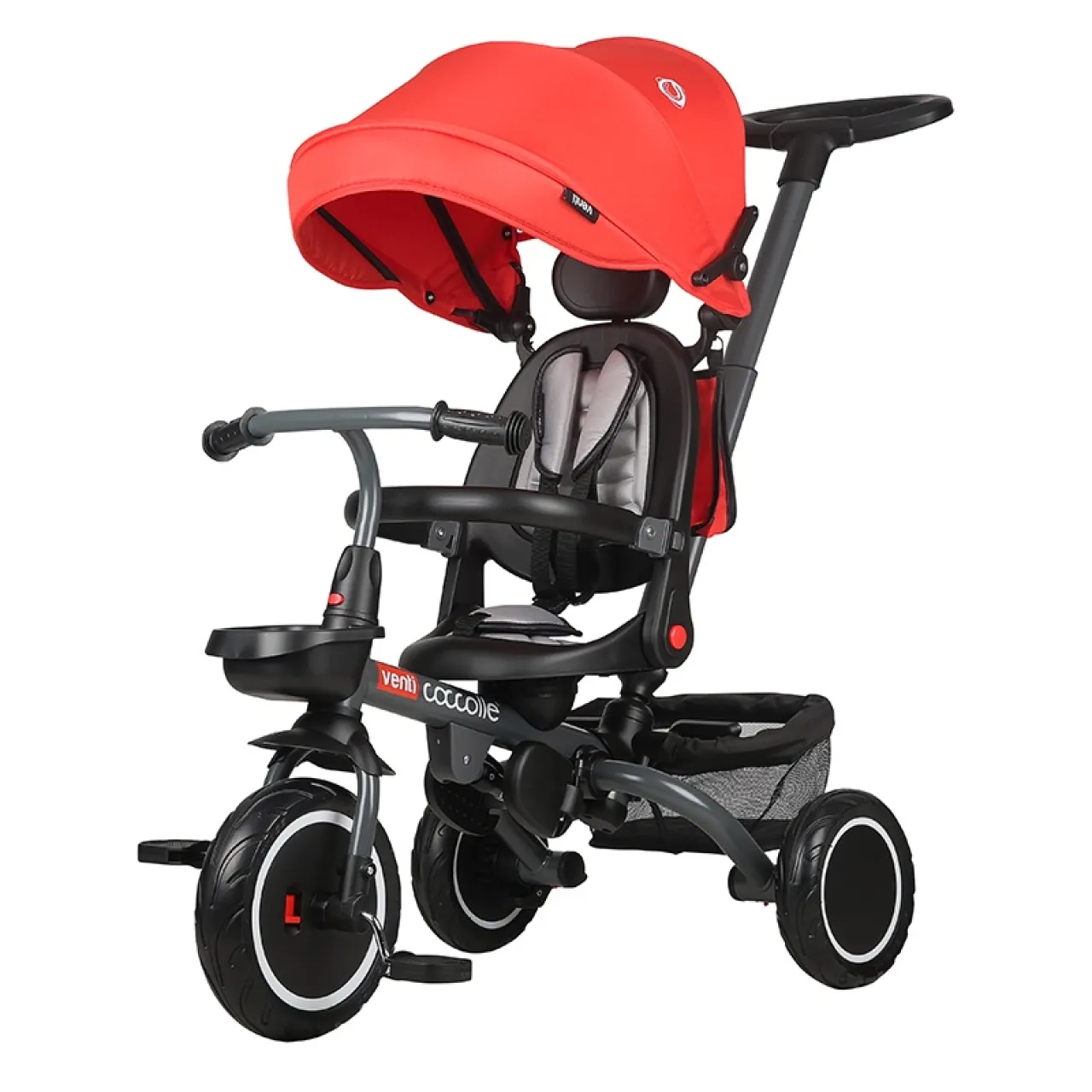 Foldable multifunction tricycle Coccolle Venti, Rubber wheels, Adjustable handle, Rotating seat, Pozitie de somn, safety harness, Footrests, 2 Storage baskets, 1-5 years, Chili Pepper
