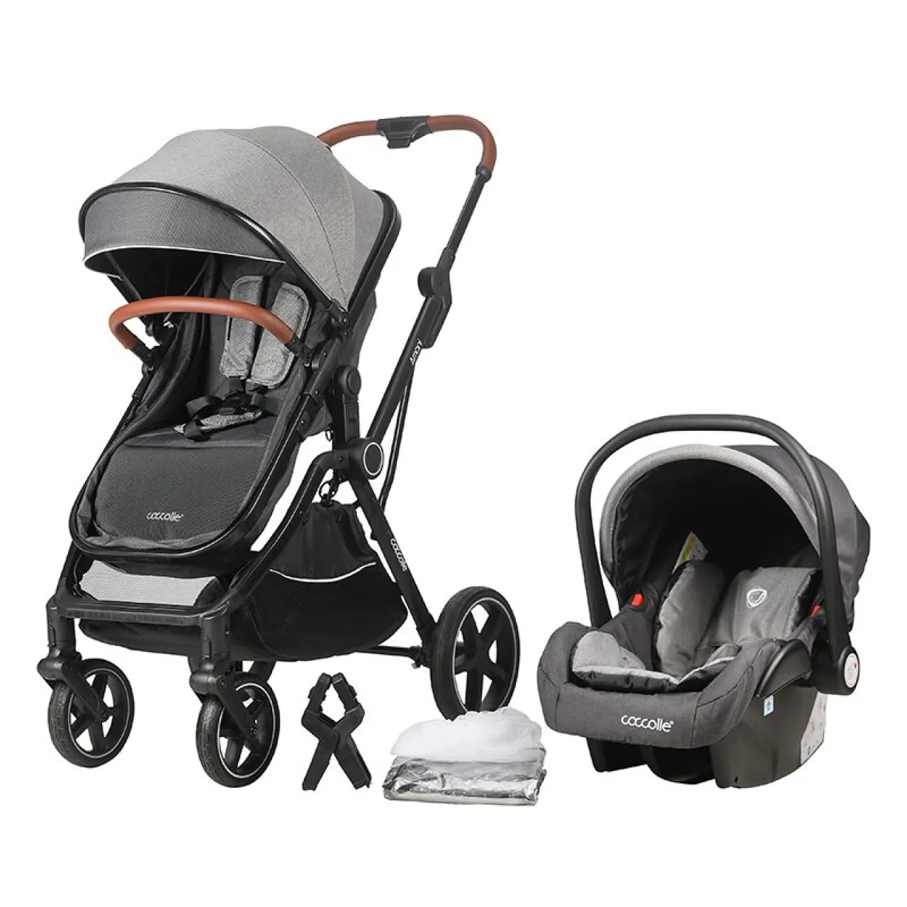 3-in-1 convertible stroller Coccolle Amani iSize, Aluminium frame, Large wheels solid rubber, Suspension, Footmuff, Rain cover, Insect net, XXL canopy, Compact fold, Anthracite