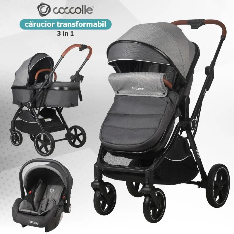 3-in-1 convertible stroller Coccolle Amani iSize, Aluminium frame, Large wheels solid rubber, Suspension, Footmuff, Rain cover, Insect net, XXL canopy, Compact fold, Anthracite