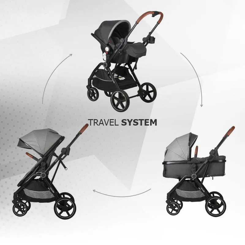 3-in-1 convertible stroller Coccolle Amani iSize, Aluminium frame, Large wheels solid rubber, Suspension, Footmuff, Rain cover, Insect net, XXL canopy, Compact fold, Anthracite