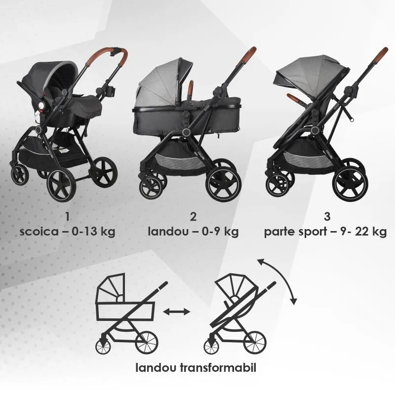 3-in-1 convertible stroller Coccolle Amani iSize, Aluminium frame, Large wheels solid rubber, Suspension, Footmuff, Rain cover, Insect net, XXL canopy, Compact fold, Anthracite